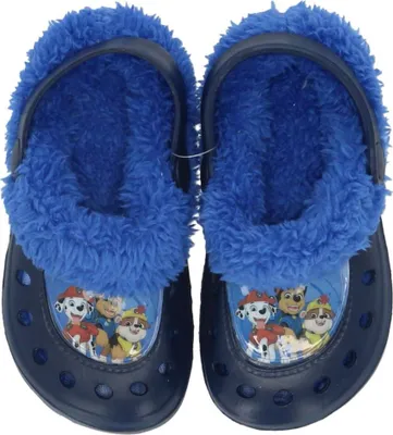 A pair of blue Paw Patrol clogs with fluffy blue lining.