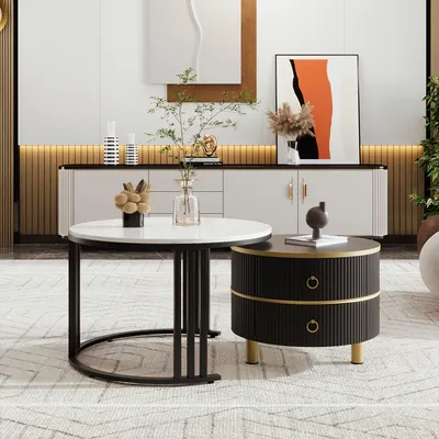 Immagine prodotto di Set di tavolini da salotto moderni, con piano lucido e ripiano contenitore, ideali per il soggiorno