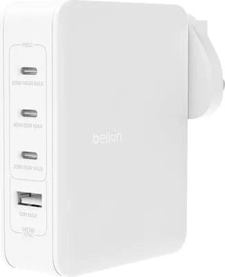 A white Belkin 140W 4-port GaN charger with multiple USB-C and USB-A ports.