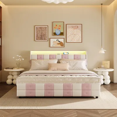 A bedroom scene with a bed as the main focus, decorated with artwork and bedside tables.