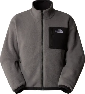 A studio shot of a gray fleece jacket with a black chest pocket.