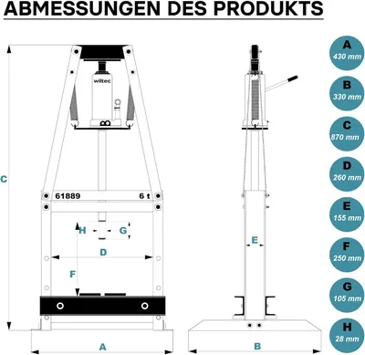 Produktbild von Hydraulische Werkbankpresse, 6 Tonnen, A-Rahmen-Presse für Biege- und Umformarbeiten, höhenverstellbar