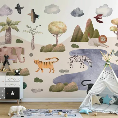 Produktbild von Vlies Fototapete - Africa for Toddlers - Savannah Animals in Pastel Colours 350x245 cm Für Kinder e-C-10081-a-a