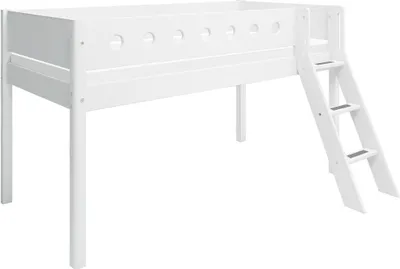 Image de Lit superposé blanc, modèle "halbhoch" (avec échelle inclinée), dimensions 90x200 cm. Couleur : blanc. Matelas : non inclus