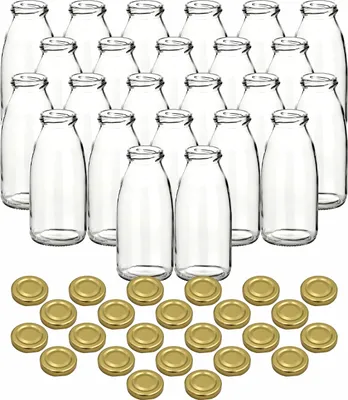 Produktbild von gouveo 24er Set Saftflasche 250 ml mit Schraubdeckel goldfarben - Kleine Glasflasche 0,25 l mit TO43 Verschluss zum Befüllen für Küche und Haushalt