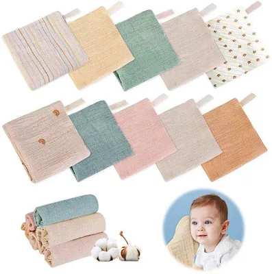 Productafbeelding van Ibenzoa® Zachte, ademende biologische musselijn washandjes voor baby's – set van 10 (23 x 23 cm), 100% biologische katoen, herbruikbaar