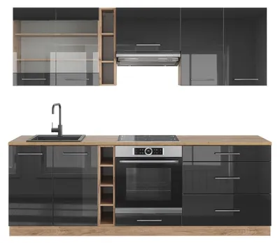 Produktbild von Küchenzeile Vicco Fame-Line Anthrazit Hochglanz/Goldkraft Eiche 235 cm ohne Arbeitsplatte, Model 38754