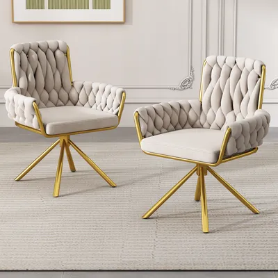 Produktbild von Flieks Esszimmerstuhl 2er Set 360°drehbar, Polsterstuhl mit Samtbezug, Küchenstuhl Wohnzimmerstuhl mit Stahlbeinen, Drehstuhl Armlehnstuhl, Beige