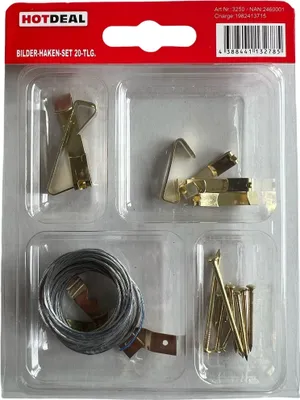 Produktbild von Bilderhaken Set, Sortiment, 20-teilig, Aufhänger, Haken, Wandhaken, Draht, Nägel