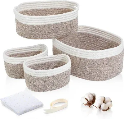 Produktbild von Famanu Aufbewahrungskörbe aus geflochtenem Baumwollseil - Set von 4 - Körbe mit Griff für Kinderzimmer und Badezimmer - Stapelbare Aufbewahrungskörbe