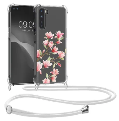 Produktbild von kwmobile Necklace Case kompatibel mit OnePlus Nord Hülle - Silikon Cover mit Handykette - Rosa Weiß Transparent Magnolien