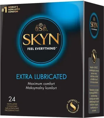 A box of SKYN Extra Lubricated Non-Latex Condoms.