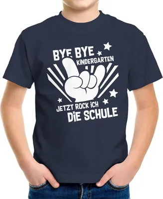 Produktbild von Kinder T-Shirt Jungen Bye Bye Kindergarten Abschied Geschenk zur Einschulung Schulanfang Moonworks® navy 110-116 (5-6 Jahre)