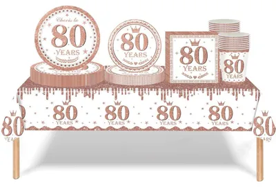 Obrázek produktu pro Sada nádobí pro oslavu, 69 kusů, barva růžové zlato, bílá, vhodné k 80. narozeninám