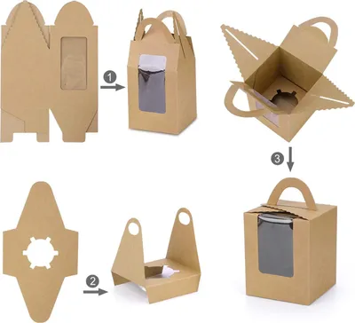 Produktbild von Karton Cupcake Box mit Fenster und Griff, Bäckerei Verpackung, 25er Pack, Braun Karton