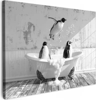 Produktbild von MuchoWow® - Leinwandbilder - Pinguine - Vintage - Tiere - Schwarz - Weiß, Wandbild, Wanddeko Bilder Wohnzimmer, 40x30 cm