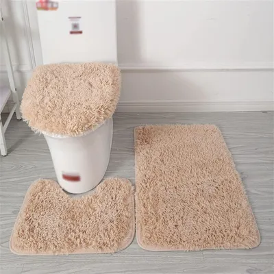 Produktbild von Badteppich Set 3 Teiliges, rutschfeste Shaggy Badematte, Flauschig Contour Badteppich, Langflor Toilettensitzbezug Khaki 1