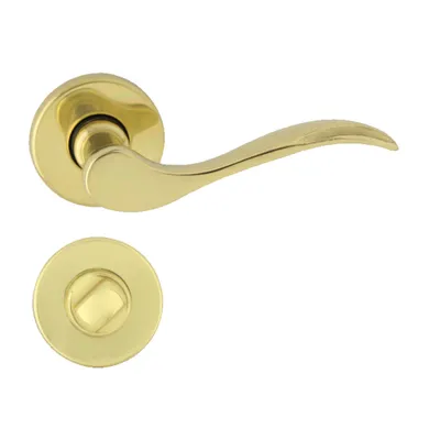 Produktbild von DOMINO Türgriff Drückergarnitur WC -Badezimmer Set | Rund-Rosette | Türklinke für Bürotür, Kellertür & Innentür | Türbeschläge aus Messing |Messing Glänzend Türdrückergarnitur | VENUS-R M1