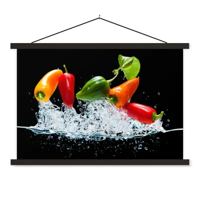Produktbild von MuchoWow® Textilposter Paprika - Schwarz - Gemüse - Wasser - Blatt 120x80 cm mit schwarzem Rahmen - Wanddeko