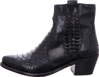 A black leather boot with a textured pattern and woven details.