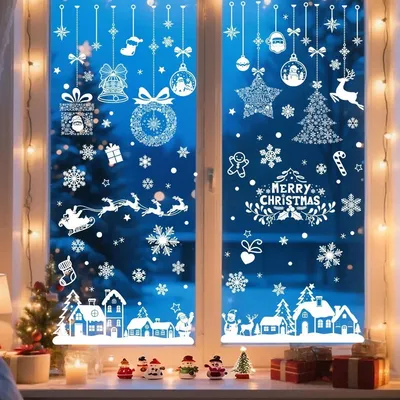 Produktbild von Fensterbilder Weihnachten Modell 3, 133 weiße Motive auf 9 Bögen, selbsthaftende Fensteraufkleber für Fenster & Spiegel, wiederverwendbar ohne Kleber.