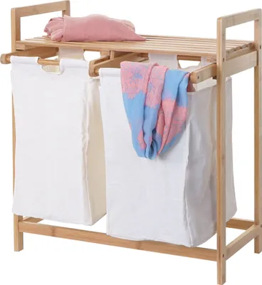 Image de Collecteur de linge HWC-B83, Laundry Trieur de linge Panier à linge, Bambou 2 compartiments 74x64x33cm 70l ~ blanc