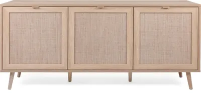 Produktbild von Finori, Sideboard, Bali, Vintage-Stil, Sonoma Eiche Nachbildung & Raffia Geflecht, 71x150x40 cm (HxBxT), 3 Türen, Massivholzfüße, Holzwerkstoff (Spanplatte, MDF)