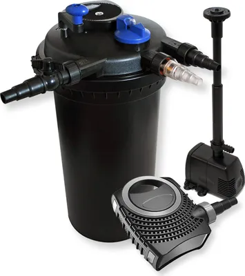 Immagine prodotto di Set completo Wiltec: filtro a pressione per laghetti CPF-15000 fino a 30000 L con chiarificatore UV-C da 18 watt, pompa per laghetti NEO8000 SuperEco 8000l/h 70W, pompa per fontane HJ-943 ECO 800l/h 16W