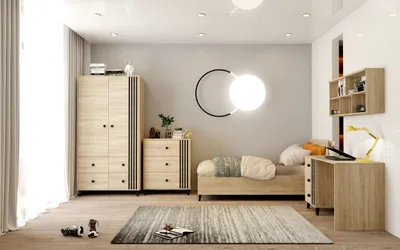 Produktbild von Kinderzimmer-Set Jugendzimmer Kleiderschrank  Schreibtisch Wandregal Kommode Bett ohne Matratze Sonoma Eiche FOX