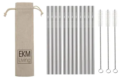 Produktbild von EKM Living Edelstahl Strohhalme 12er Set Silber gerade GmbH, Trinkhalme, bruchfest, wiederverwendbar, spülmaschinengeeignet, plastikfrei (Silber gerade, 12)
