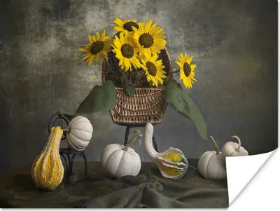 Produktbild von MuchoWow® Poster Malerei - Stilleben - Sonnenblumen - Kürbisse - Kunst - Farbe 120x90 cm - Wandbild