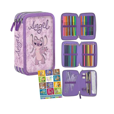 Produktbild von Goldkids - Federmäppchen 3 Fächer - Mäppchen für Mädchen - Federmappe 3-Fach Federtasche Gefüllte Schüleretui Schulmäppchen - Stitch