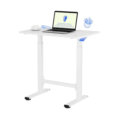 A white adjustable standing desk with a laptop, a cup of coffee, and a small plant illustration on it.
