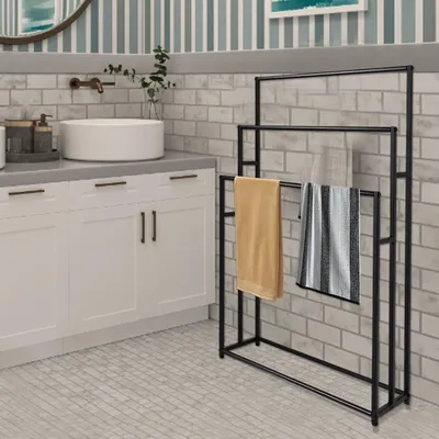 Image de Porte-serviettes - Support pour serviettes - Étagère de salle de bain - Porte-serviettes autoportant - Barre à serviettes - 3 niveaux