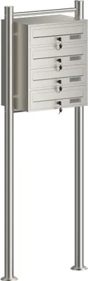 Produktbild von Wiltec 4er Briefkastenanlage Edelstahl 556 x 270 x 1500 mm, Standbriefkasten mit 4 Fächern, Schlüssel und Namensschild, Briefkasten Postkasten mit Ständer