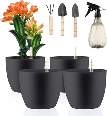 Produktbild von Langray-Set 4 Blütenwasser-Wasseranzeige, 15,5 x 13 cm kleiner Plastikpflanztopf, Selbstbewässerungsreservoir, Hydroponik-Wasserversorgungssystem, Min