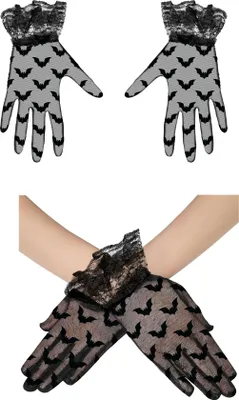 Productafbeelding van 19e-eeuwse handschoenen met vleermuismotief, kant, geschikt voor Halloween, elegant, in Victoriaanse stijl, kleur: zwart