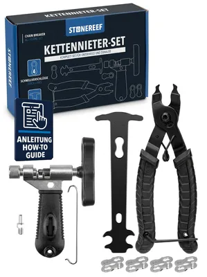 Produktbild von Kettennieter & Kettenwerkzeug Set – 4-in-1 Kit mit Kettentrenner, Kettenhalter, Kettenmesslehre (schwarz) & 8 Schnellverschlüssen
