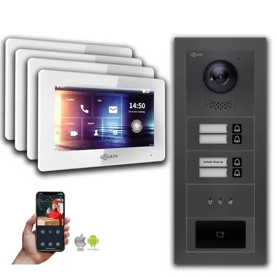 Produktbild von Goliath IP Video Türsprechanlage: 7-Zoll 4 Familienhaus, RFID, Anzeige, Anthrazit : 7 Zoll Weiß : Unterputzdose Monitor Farbe: 7 Zoll Weiß Montage: Unterputzdose