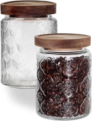 Produktbild von Gläserne Luftdichte Behälter mit Bambusabdeckung für Süßigkeiten, Kaffee, Tee, Bohnen, Hafer, Mehl und Getreide (Set aus 2)
