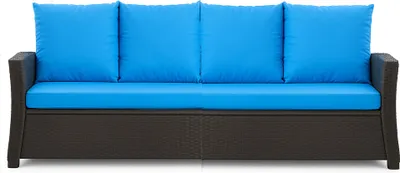 A front view of a dark brown woven sofa with bright blue cushions.