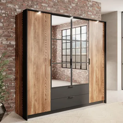 Productafbeelding van Kledingkast MELTON, 223 cm, kastanjehout, antraciet, met spiegel en LED-verlichting, slaapkamerkast, loft-stijl