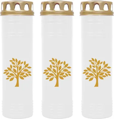 Produktbild von Grabkerze Weiß 3er Pack ( Druck Gold ), 170 Stunden/Kerze, Motiv: Baum
