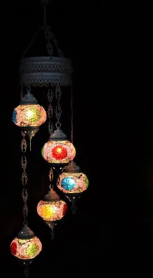 Image de Suspension en verre violet rose coloré avec 5 boules en mosaïque turque, plafonnier marocain