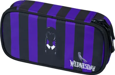 A pencil case with a black and purple striped design, featuring a silhouette of Wednesday Addams and the word 'WEDNESDAY'.