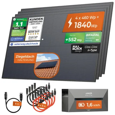 Produktbild von Solarway®️ 1840Wp / 800W Balkonkraftwerk mit 1,6 kWh Speicher komplett Steckdose - 1,6 kWh Anker SOLIX 2 PRO Speicher