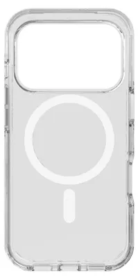 A clear, studio shot of a transparent phone case with a MagSafe ring visible.