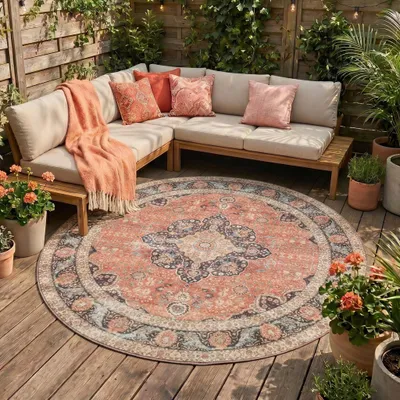 Produktbild von Volero - Outdoor Teppich Rund - Kairo Medaillon Terra Dunkelblau - Ø 230 cm - Wohnzimmer, Esszimmer, Balkon, Garten, Terrasse - Retro