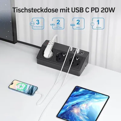 Obrázek produktu pro Zásuvková lišta s USB-C PD 20W, trojnásobná zásuvka, 4 USB porty, 4000W/16A, ochrana proti přepětí, kabel o délce 3 metry