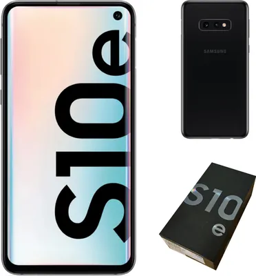 A collage of a Samsung Galaxy S10e smartphone, its back view, and its retail packaging.